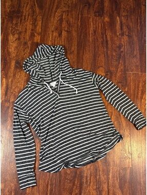 Market & Spruce Black White Striped Hooded Tunic Pullover Hoodie Top M